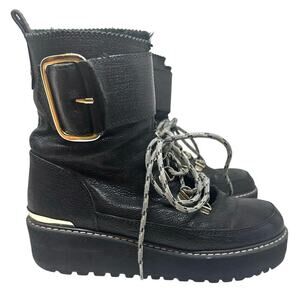 STUART WEITZMAN Attackit Leather Faux Fur Platform Wedge Buckle Booties Boots 7